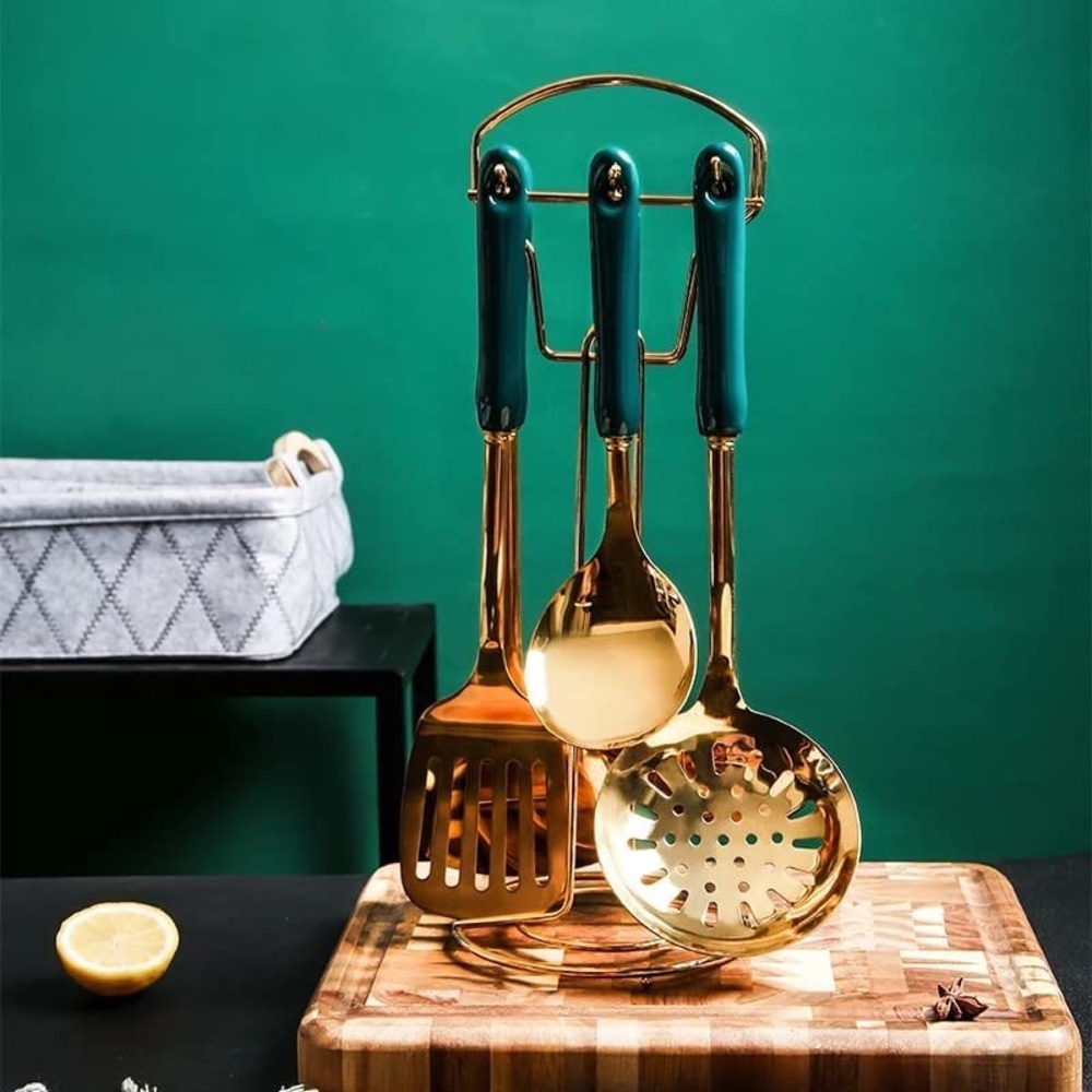 Gold and Dark Green 7pcs cooking utensil kitchenware set ceramic and stainless